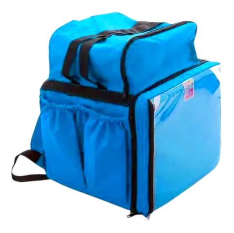 Bag de entrega azul com a área de aplicação da arte medindo 44 por 36 centímetros